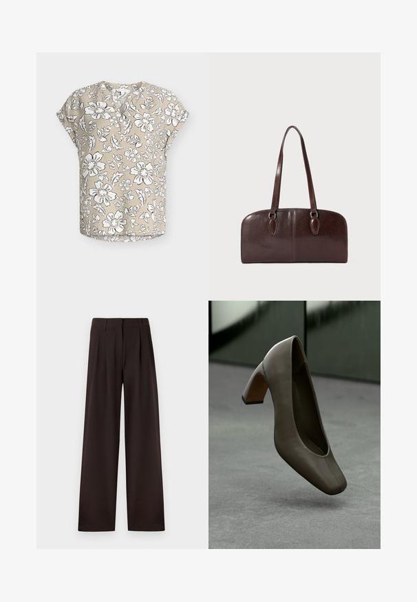 Beige kortærmet bluse med hvidt og sort blomsterprint, rund halsudskæring med delvis knaplukning og afslappet pasform.; Mørkebrune bukser med vide ben, plisseringer og bæltestropper, med lynlås foran og ren kant mod en ensfarvet baggrund.; Mørke olivengrøn lædersko med høj hæl, firkantet tå og blokhæl, svævende over et gråt betongulv med en sløret grøn baggrund.; Brun lædertaske med to lange håndtag, en struktureret rektangulær form, glat tekstur og afrundede kanter. Har accentdetaljer ved håndtagene.