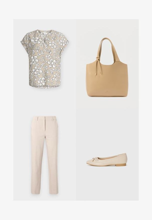 Beige kortærmet bluse med hvidt og sort blomsterprint, rund halsudskæring med delvis knaplukning og afslappet pasform.; Beige skræddersyede bukser med lige ben, bæltestropper, frontlynlås og knaplukning på en ensartet lys baggrund.; Beige balletflader lavet af glat syntetisk materiale. Har en lille blokhæl og en knyttet detalje med gyldne accenter på tåen.; Beige mulepose lavet af glat læder, med to robuste håndtag og guldfarvede metaldele samt en justerbar snøre.