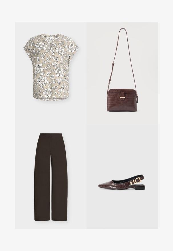 Blouse beige à manches courtes avec motif floral blanc et noir, encolure ronde avec patte de boutonnage partielle, et coupe décontractée.; Pantalon marron à jambes larges, taille haute et devant épuré, présenté sur un fond gris clair.; RAID RUCHI - Ballerines - brown; Sac bandoulière en cuir embossé façon croco marron avec sangle réglable et poche avant à rabat sur fond uni.