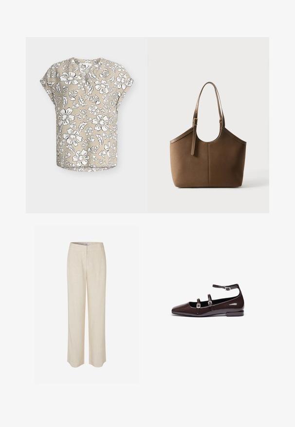 Beige kortærmet bluse med hvidt og sort blomsterprint, rund halsudskæring med delvis knaplukning og afslappet pasform.; Beige linnedbukser med et lige ben-design, der har en glat tekstur og en let glans. Indeholder linning og diskrete forlommer.; Brune patentlæder flade sko med spids tå, der har to justerbare stropper og sølvspænder samt en lav, firkantet hæl.; Brun læder tote taske med justerbar skulderrem og guldfarvet spænde, glat tekstur, vist mod en ensfarvet hvid baggrund.