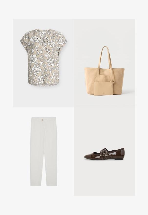 Blusa beige de manga corta con estampado floral en blanco y negro, escote redondo con tapeta de botones parcial y corte holgado.; Pantalones blancos, ajustados, con un diseño de pierna recta, que cuentan con un cierre de botón, lazos para cinturón y bolsillos laterales; textura de tela suave.; Zapato plano de charol marrón con punta en forma de pico y tres correas ajustables con hebilla en el lateral, mostrado desde el perfil exterior.; Bolso tote de ante beige con asas largas y un bolso con cremallera a juego adjunto sobre un fondo blanco liso.