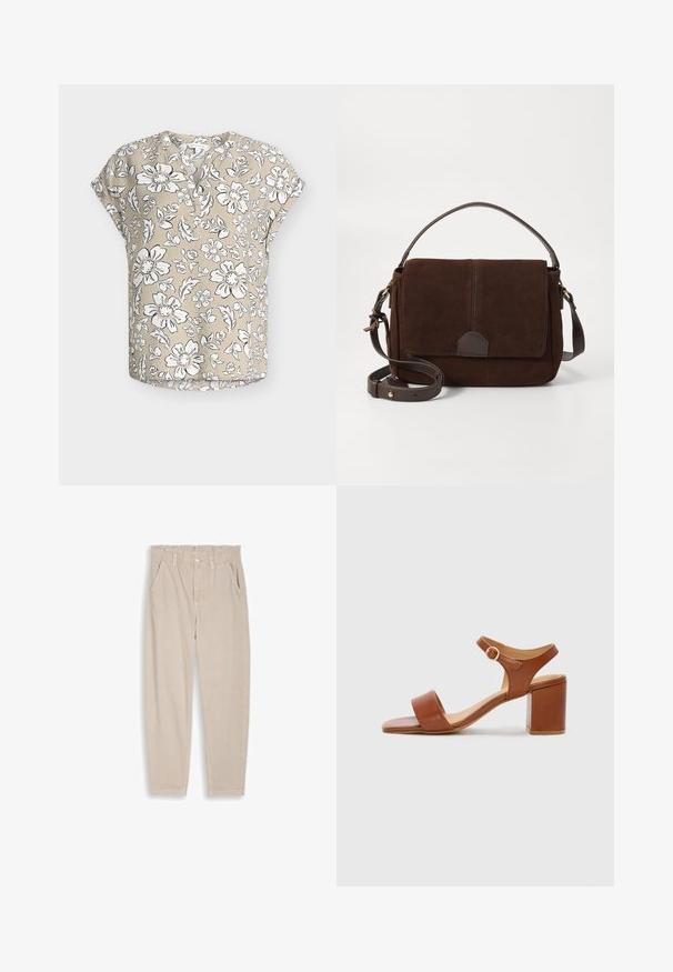 Blouse beige à manches courtes avec motif floral blanc et noir, encolure ronde avec patte de boutonnage partielle, et coupe décontractée.; Pantalon beige à jambes droites avec taille élastique, passants pour ceinture, fermeture par bouton et poches avant, présenté sur un fond uni.; Sandale à talon en cuir marron avec un bout carré, une bride de cheville ajustable et un talon carré. Texture lisse et design minimaliste.; Sac messager en daim marron avec un rabat plat à l'avant, des accents en cuir marron, une bandoulière ajustable et un design minimaliste.