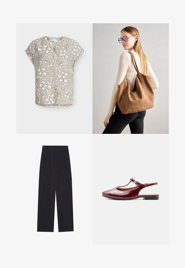 Beige Bluse mit kurzen Ärmeln und weißem und schwarzem Blumenmuster, Rundhalsausschnitt mit teilweiser Knopfleiste und lockerer Passform.; Schwarze, weit geschnittene Hosen aus einem glatten Material, mit Falten, einem flachen Bund und ohne sichtbare Taschen oder Verzierungen.; Glänzender burgunderfarbener Slingback-Schuh mit niedrigem Absatz, spitz zulaufender Kappe und verstellbarer Schnalle auf weißem Hintergrund.; Braune Wildleder-Tasche mit weicher Textur, großer Öffnung und langen Trägern. Sie verfügt über ein simples Design mit sichtbarem Stich und ohne Beschläge.
