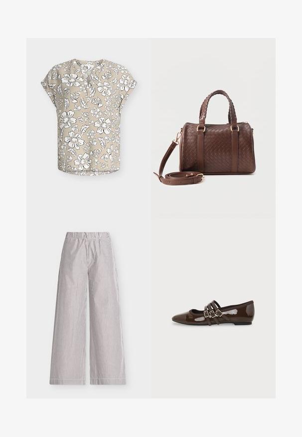 Blouse beige à manches courtes avec motif floral blanc et noir, encolure ronde avec patte de boutonnage partielle, et coupe décontractée.; Pantalon à jambes larges avec fines rayures verticales noires et blanches, taille élastique et poches latérales sur un fond gris clair.; Chaussure plate en cuir verni marron avec bout pointu et trois brides ajustables à boucle sur le côté, vue du profil extérieur.; Sac à main en cuir tressé marron foncé avec poignées jumelles tressées, ferrures dorées et bandoulière amovible enroulée à l'avant.