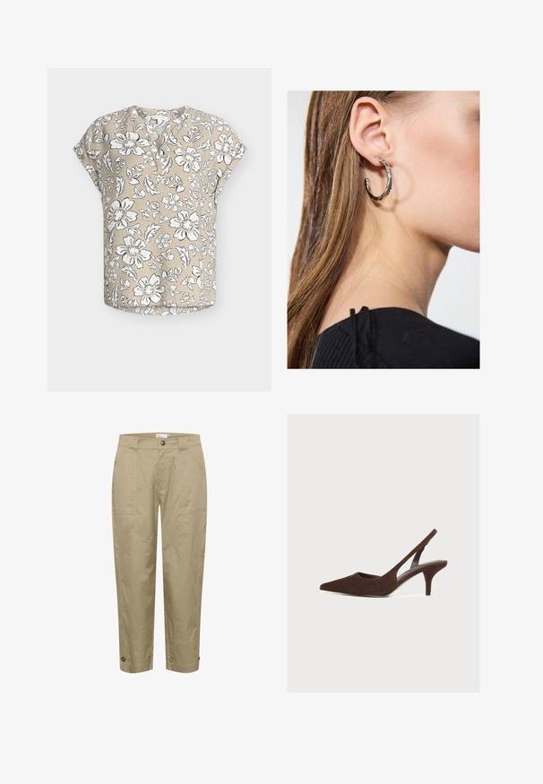 Beige kortærmet bluse med hvidt og sort blomsterprint, rund halsudskæring med delvis knaplukning og afslappet pasform.; Beige, lette bukser med lige pasform, der har sidelommer og knapdetaljer i kanten for justerbar pasform og stil.; Mørkebrun ruskindspointet slingback-sko med lav kitten-hæl på en ensartet lys baggrund.; Sølv hoop ørestik med en poleret overflade, prydet med små guld accenter og en rund form, båret på øreflippen.