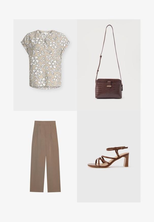 Beige kortærmet bluse med hvidt og sort blomsterprint, rund halsudskæring med delvis knaplukning og afslappet pasform.; Brune plisserede bukser med bred ben-design, der har en flad talje og sidelommer, lavet af et letvægtsstof.; Brun læder-rem sandal med blokhæl og justerbar ankelspænde på en ensformig lys baggrund.; Brun krokodilleder crossbody taske med justerbar rem og frontlomme med spænde mod en ensfarvet baggrund.