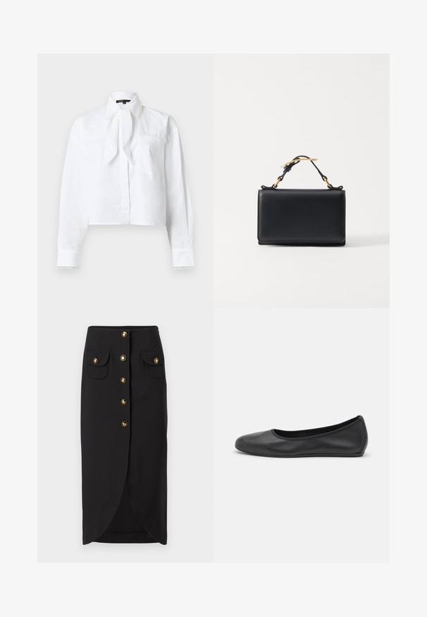 Blouse blanche à manches longues avec col pointu, détail de nœud à l'avant, poche poitrine et bordure en dentelle sur le col et les poignets.; Jupe midi noire avec des boutons dorés à l'avant, deux poches à rabat avec des boutons dorés assortis et une légère fente frontale.; Ballerines en cuir noir avec un bout rond, texture lisse, détails de couture minimalistes et design de semelle flexible.; Sac à main en cuir noir de forme rectangulaire, doté d'une anse supérieure et d'accents en métal doré. Texture lisse, design minimaliste.