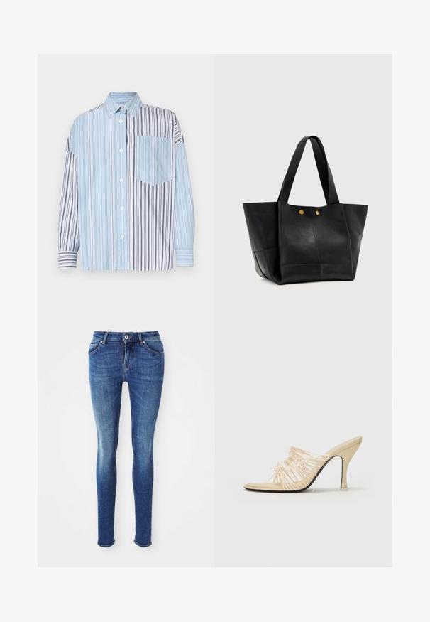 Hemd mit Knopfleiste in abwechselnden hellblauen und schwarzen Streifen, mit einer Brusttasche. Aus glattem Stoff, lange Ärmel.; Blaue Denim-Skinny-Jeans mit glatter Textur, mittelhohem Bund, fünf Taschen und leichter Ausbleichung an den Oberschenkeln. Mit Metallknopf und Reißverschluss.; NEOUS AURIGA - Pantolette hoch - cream; Schwarze Ledertasche mit breiten Griffen und zwei kleinen goldenen Knopfdetails vorne vor einem schlichten hellen Hintergrund.