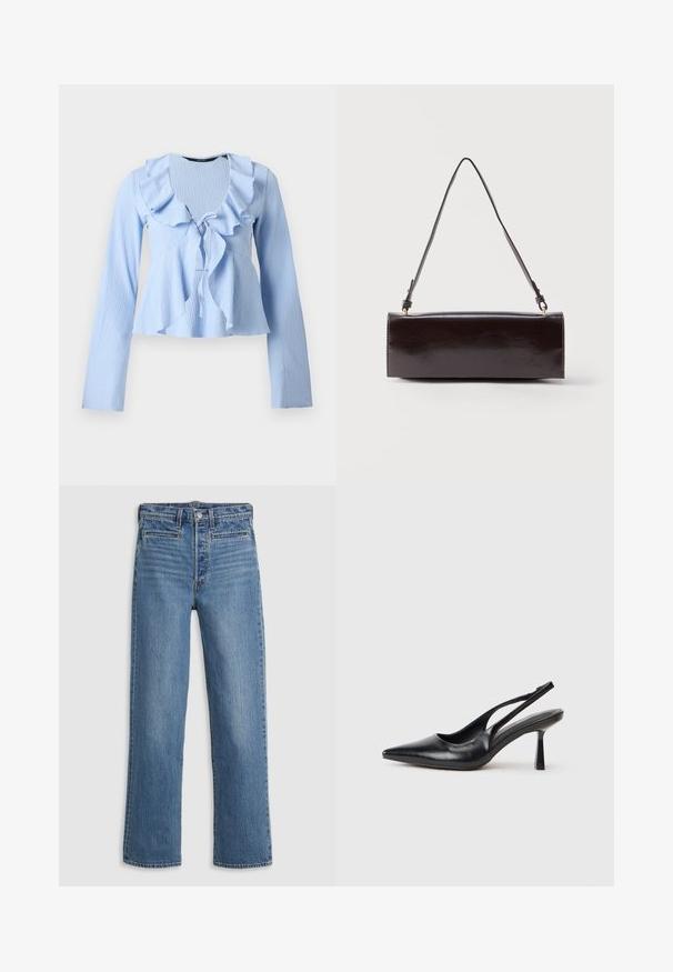 Lyseblå bluse med lange ærmer, tekstureret stof, flæset V-udskæring og bindedetalje foran, vist på en ensfarvet baggrund.; Lys blå, lige ben jeans lavet af denim. Funktioner inkluderer en knaplukning, fem lommer og diskret slid. Ingen udsmykninger eller mønstre.; Sort læderslagback højhælet sko med spids tå og slank hæl på en hvid baggrund.; Rektangulær sort læderhåndtaske med en enkelt lang rem og blank finish, vist mod en ensfarvet hvid baggrund.
