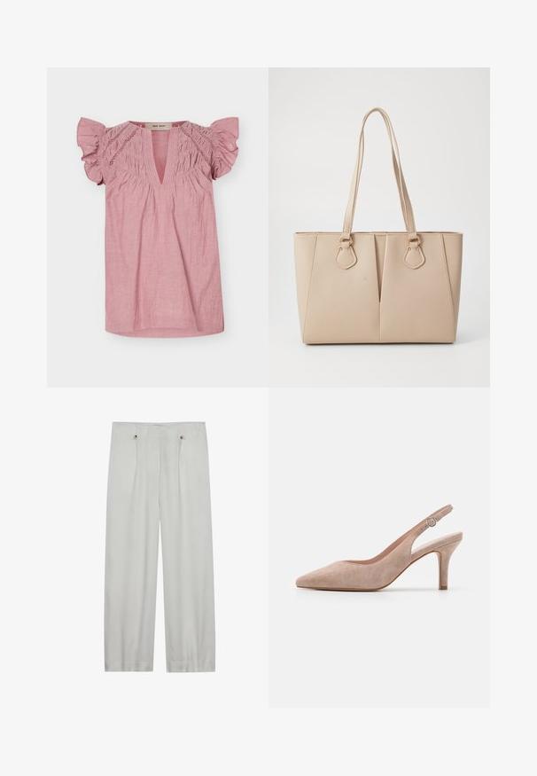 Blusa rosa de manga corta con escote en V profundo, mangas con volantes y detalles fruncidos a lo largo de los hombros y el pecho.; Pantalones de pierna ancha en gris claro, confeccionados en una tela suave. Presentan dos pliegues frontales, dos cierres de botón y una textura suave.; Zapato de tacón alto tipo slingback en suave ante beige, con punta afilada, tacón delgado y correa ajustable en el tobillo con hebilla redonda.; Bolso tote beige hecho de cuero sintético texturizado, con asas dobles y adornos en dorado. El diseño incluye un detalle frontal dividido.