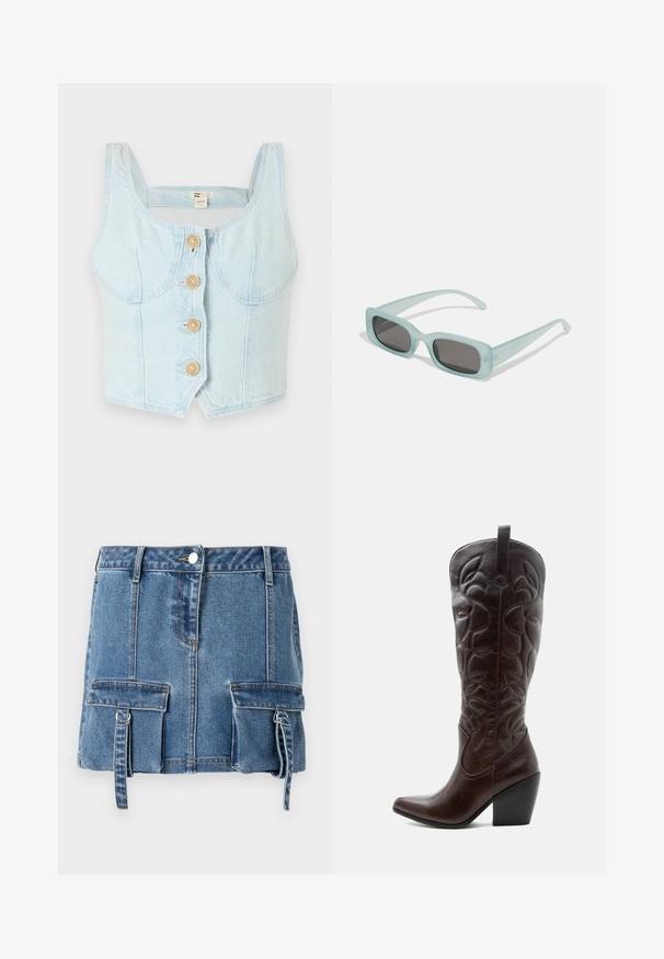 Lichtblauw denim cropped top met een vierkante halslijn, voorzien van vijf houten knopen aan de voorkant en gebogen zijnaden.; Lichtblauwe denim minirok met een hoge taille, voorste knoopsluiting en twee voorzakken met verstelbare bandjes.; Lange donkerbruine leren cowboylaars met gestikte decoratieve patronen, spitse neus en gestapelde blokhak.; Een paar rechthoekige zonnebrillen met lichtblauwe doorzichtige monturen en donkergrijze glazen, met rechte pootjes en minimale hardwaredetails.