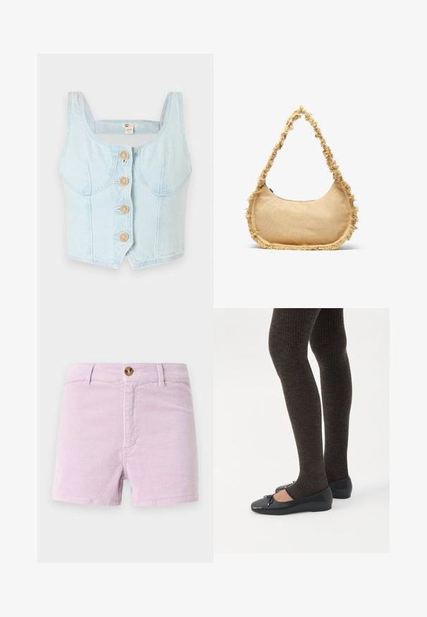 Crop top en denim bleu clair avec un décolleté carré, présentant cinq boutons en bois sur le devant et des coutures latérales courbées.; Shorts en velours côtelé lavande clair avec fermeture à bouton, présentant un design à rayures texturé et des poches avant, coupés au-dessus de la cuisse.; Jambes portant des leggings côtelés foncés associés à des ballerines noires avec de petits détails en nœud sur fond blanc.; Sac beige texturé de forme arrondie, avec un bord effiloché tout le long des bords et une courte sangle pour le porter. Ouverture zippée en haut.