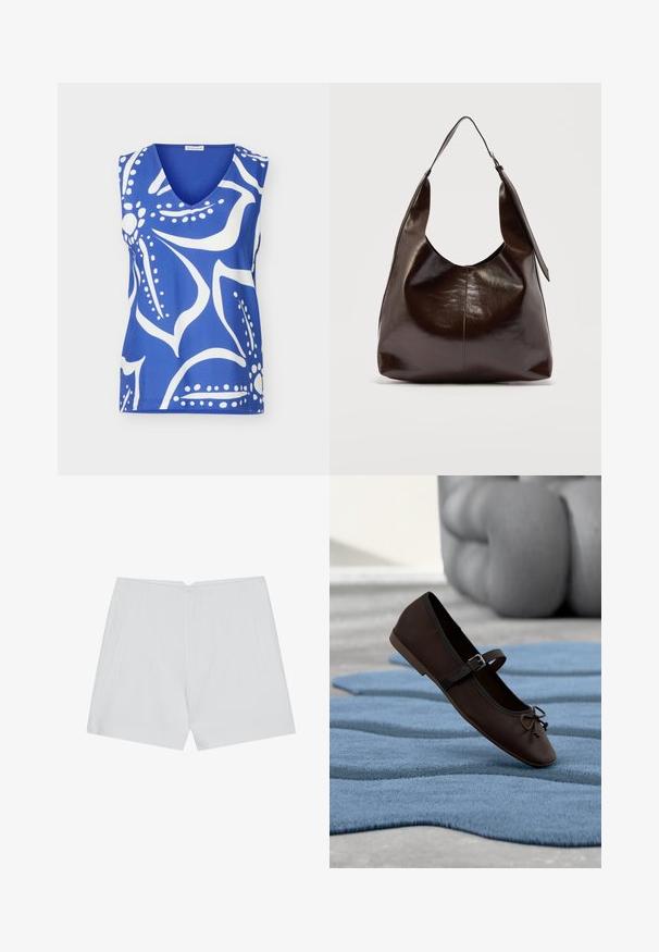 Blauw mouwloos V-hals top met gedurfd wit abstract bloemmotief en afgeronde schouders.; Witte shorts met een op maat gemaakte uitstraling, vlakke voorkant, twee zijzakken en een nette zoom. Gemaakt van een soepel materiaal zonder zichtbare patronen.; Donkerbruine Mary Jane platte schoen met gesp en strikdetail, rustend op een golvend blauw gestructureerd tapijt en een grijze gestoffeerde bank op de achtergrond.; Donkerbruine glanzende leren schoudertas met een enkele brede riem en gespsdetail aan één kant, tegen een effen lichte achtergrond.