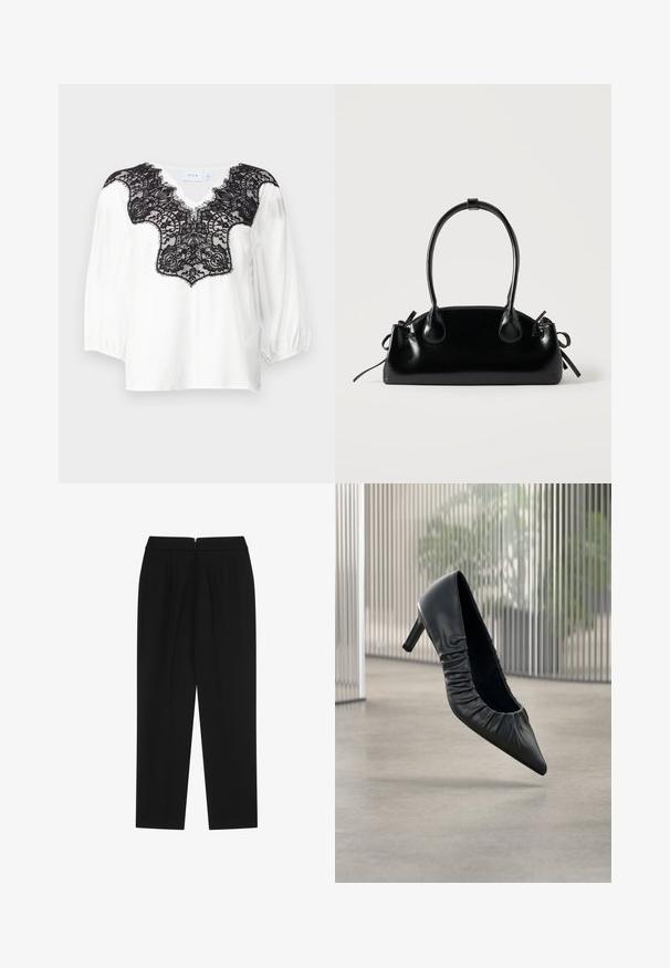 Blusa blanca con detalles de encaje negro en el escote, con un corte en forma de V y mangas abullonadas. Tejido suave con un intrincado diseño de encaje.; Pantalones negros con corte recto, que presentan un cierre de cremallera oculto y dos pliegues en la parte delantera. Fabricados en tejido suave, sin patrones ni adornos.; Zapato de tacón alto de cuero negro con punta puntiaguda y textura fruncida en la parte superior. Acabado liso; altura de tacón moderada.; Pequeño bolso negro brillante con dos asas largas y detalles de cordón lateral sobre un fondo claro liso.