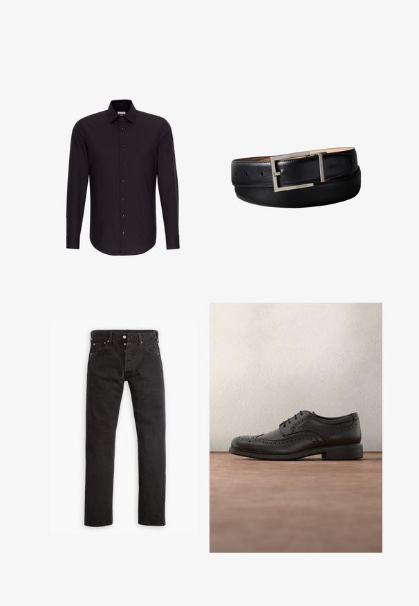 Schwarzes langärmliges Hemd mit Knöpfen, spitzem Kragen und geknöpften Manschetten, auf weißem Hintergrund präsentiert.; Schwarze Slim-Fit-Jeans mit Knopfverschluss, fünf Taschen und kupferfarbenen Nieten flach auf einem weißen Hintergrund ausgelegt.; Schwarze Leder-Oxfordschuhe mit Brogue-Verzierungen, runder Zehenpartie und Schnürsenkeln. Flache Gummisohle mit leichtem Absatz. Glatte Textur, klassisches Design.; Schwarzer, genarbter Ledergürtel mit rechteckiger silberner Schnalle und Calvin Klein-Logo, das auf Schnalle und Gürtel eingraviert ist.