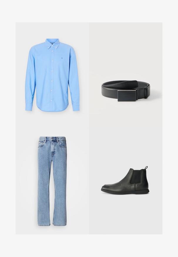 Lyseblå langærmet skjorte med knapper og knaplukket krave samt lille broderet logo på venstre bryst.; Lyseblå denimjeans med lige ben design, fem lommer og knaplukning. Syninger nær lommer og talje.; Sorte læder ankelstøvler med en glat overflade, elastiske sidepaneler og en løkke bagpå. Rundet tå og gummisål.; Sort læderbælte, snoet med en rektangulær mat sort spænde og diskret præget logo på hvid baggrund.