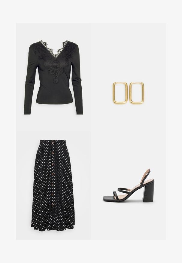 Pieces Petite PCILU - Μπλούζα με μακριά μανίκια - black; Μαύρη φούστα με πουά σχέδιο, ψηλή μέση, κλείσιμο με κουμπιά μπροστά, μήκους ως το γόνατο, φτιαγμένη από ύφασμα με απαλή υφή και διακριτή ροή.; RAID LIBRA - Μπότες - black; Χρυσά μεταλλικά σκουλαρίκια κρίκοι σε τετράγωνο σχήμα με λεία άκρα και γυαλιστερή φινιρίσμα, που αντανακλούν το φως με την λαμπερή τους επιφάνεια.