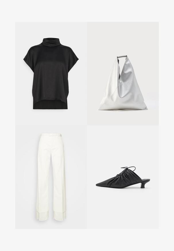 Zwarte top met korte mouwen en een nep-turtleneck. Zachte, gladde stof met een losse drape en een rechte onderkant. Minimalistisch ontwerp, eenvoudig en zonder versieringen.; MM6 Maison Margiela PANTS - Broek - off white; Zwarte leren instappers met een spitse neus, gegatherde textuur en een kleine kittenhiel. Heeft een trekkoorddetail aan de opening.; Grote zilveren draagtas met een driehoekige vorm en een zachte lederen textuur, rechtopstaand met bovenhandvat zichtbaar tegen een effen achtergrond.