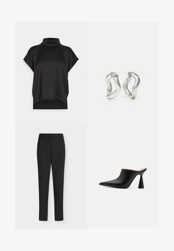 Schwarzes kurzärmliges Oberteil mit einem Mock-Turtleneck. Weicher, glatter Stoff mit lockerem Fall und geradem Saum. Minimalistisches, schmuckloses Design.; Schwarze Slim-Fit-Hose mit Gürtelschlaufen, Frontreißverschluss und geraden Beinen, vor weißem Hintergrund präsentiert.; Schwarze Leder-Mules mit spitzem Zehenbereich und einzigartigem kegelförmigem Absatz. Glatte Textur und minimalistisches Design, offener Rücken für einfaches Anziehen.; Silberne Creolen mit gedrehtem Design. Abgerundete Kanten und glänzende Oberfläche. Offen schließende Verschlüsse für einfaches An- und Ausziehen. Glatte Textur durchgehend.