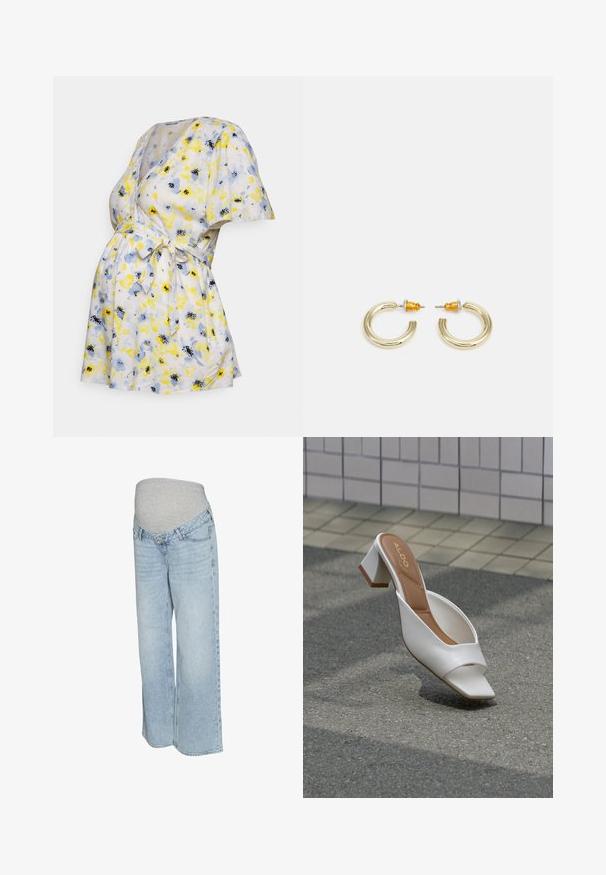 Anna Field MAMA Bluse - white/light blue; Lyseblå denim jeans med en grå strækbar talje, bred benvidde og traditionel fem-lomme stil. Glat tekstur med lys vask.; Hvid åben mule med blokhæl og tan indersål mærket "ALDO", placeret på asfalt med flisevæg i baggrunden.; Guldtonede hooop øreringe med en glat, rund form og en poleret finish. Har orange detaljer på bagsiden for sikker fastgørelse.