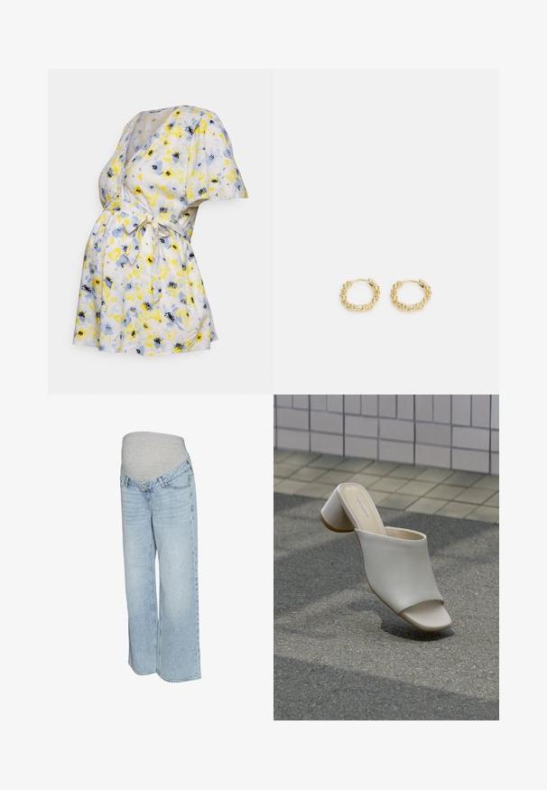 Anna Field MAMA Bluse - white/light blue; Lyseblå denim jeans med en grå strækbar talje, bred benvidde og traditionel fem-lomme stil. Glat tekstur med lys vask.; Enkelt hvid åben tå mule med blokhæl på brolagt grund nær flisebelagt væg, vinklet for at vise side- og topudsigt.; Guldøreringe i form af hoops med et tekstureret design og små, runde perler jævnt fordelt rundt om hoop'en. Letvægts metal konstruktion.
