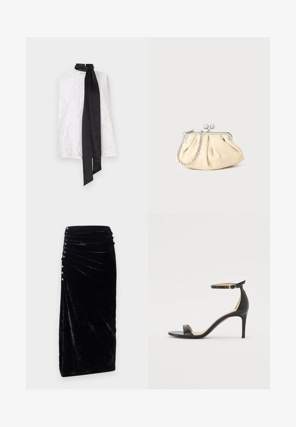 Hvid blonde top med høj halsudskæring og et sort satinbånd bundet ved kraven. Intrikat blonde mønster og glat tekstur.; Rabanne Pencil skirt - black; Sort læder højhælede sandaler med ankelrem. Har en glat tekstur, åben tå og en tynd hæl. Guldtonet spænde detalje.; Plisseret beige læderclutch med en sølvmetalramme, der har to runde dekorative låse og en sølvkædetrasporte.