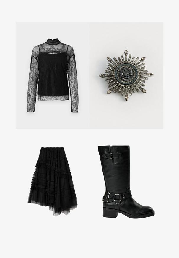 Haut en dentelle noir à manches longues avec col haut, motif floral complexe, tissu transparent et panneau solide sur la zone de la poitrine.; Jupe noire asymétrique à plusieurs couches avec des détails en dentelle et volants, composée de panneaux de tissu transparent et opaque.; Botte noire en cuir jusqu'au milieu du mollet avec un talon bas carré, deux boucles argentées à la cheville, une boucle près du haut, et une sangle avec un détail en anneau métallique.; Broche en forme d'étoile en métal argenté avec des strass clairs. Le design central présente un emblème circulaire avec des détails délicats.