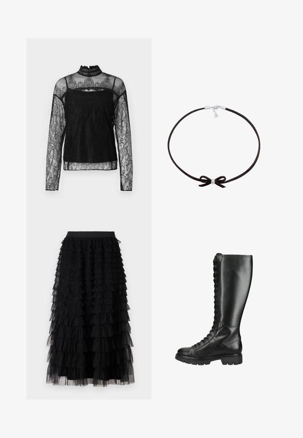 Zwarte lange mouwen kant top met hoge kraag, intrigerend bloemenpatroon, doorzichtig materiaal en een solide paneel over het borstgebied.; Vero Moda VMNAJA Mid waist Long - Maxirok - black; Hoge zwarte leren veterlaars met dikke zool en ronde neus, ontworpen voor zowel stijl als duurzaamheid.; Zwarte suède chokercollier met een kleine centrale zilveren kraal en een strikdetail, voorzien van een eenvoudige sluiting met een verstelbare ketting.