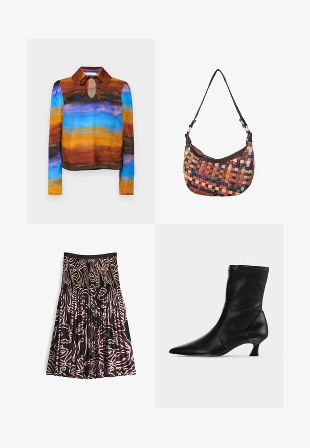 Blouse met lange mouwen en een ronde kraag, voorzien van een aquarelpatroon in bruin, oranje, blauw en zwart. Strikjes bij de hals voegen detail toe.; Zwarte rok met een smocktail, met gedurfde bordeauxrode en witte abstracte bladerenpatronen en geplooide stof voor textuur en flow.; Zwarte leren midkuitlaars met spitse neus en lage kittenhak, zijaanzicht op een effen lichte achtergrond.; Kleine schoudertas met meerkleurige geweven leren stroken en een donkerbruine leren rand en band tegen een witte achtergrond.
