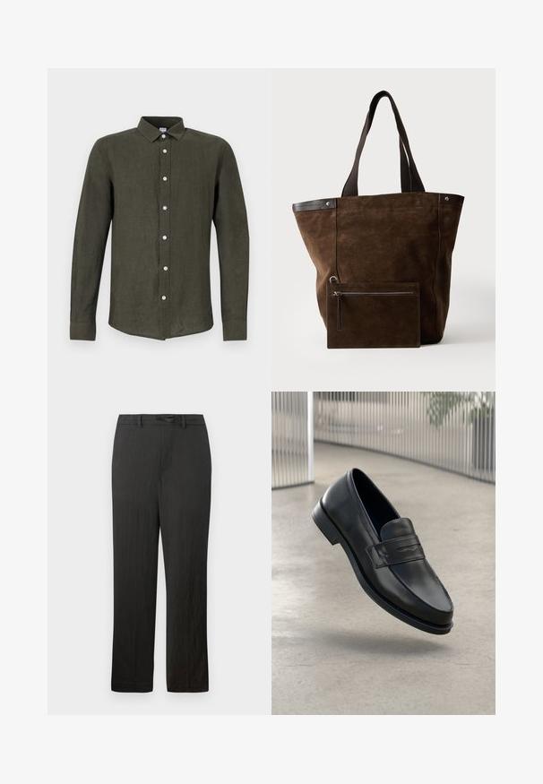 Chemise à manches longues vert foncé en lin. Présente un devant à boutons avec des boutons de couleur claire et un col pour un look structuré.; Pantalons noirs à jambes droites avec une texture lisse, dotés d'une taille à cordon de serrage et d'un tissu léger et discret.; Mocassin en cuir noir à texture lisse, bout pointu et bande décorative sur le cou-de-pied. Semelle légère, design minimaliste.; Sac cabas en daim marron foncé avec des poignées noires et une pochette rectangulaire zippée assortie fixée à l'avant.