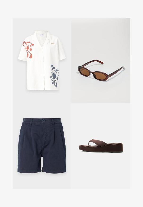 Camisa de lino de manga corta en color blanco roto con patrones abstractos en rojo y azul marino. Presenta un collar clásico y cierre de botones. Acento del logo dorado.; Pantalones cortos azul marino de tejido trenzado, con cierre frontal de botón, diseño plisado y bolsillos laterales. Dobladillo limpio en las aperturas de las piernas.; Sandalia tipo flip-flop con plataforma marrón, suela gruesa y una tira ancha sobre los dedos, sobre fondo blanco liso.; Gafas de sol redondas con tinte marrón y un marco burdeos brillante. Patillas delgadas con un sutil detalle de marca. Diseño de lentes planos.