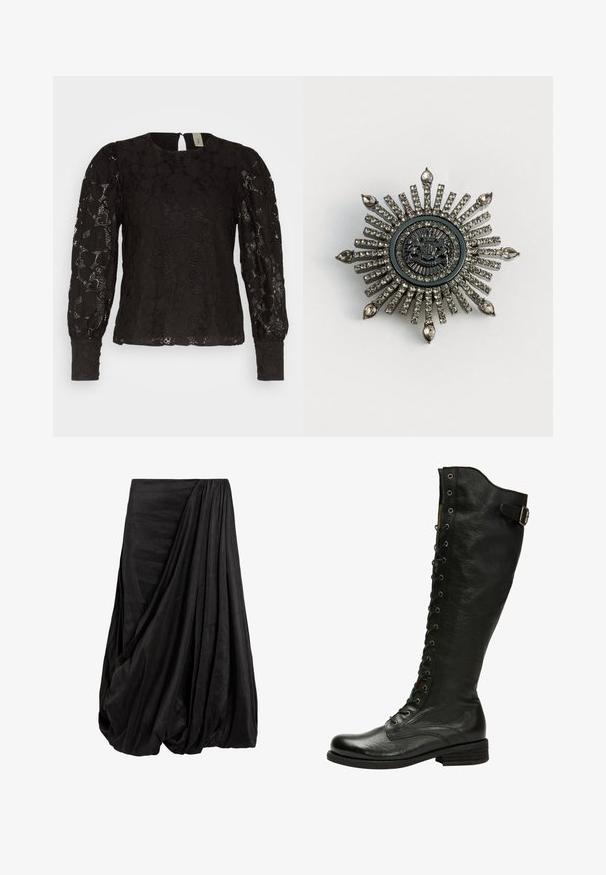 YAS BLOUSE - Pluus - black; Mustrilt must drapeered seelik, mis on valmistatud siledast kangast, sisaldades keerukaid voldikesi ja voolavat siluetti, millel on kogutud vöödetaile.; Mustmust musta põlvekõrgune saabas, millel on nööpide ja hõbedaste silmadega esitõmbeosa ning külgmine pann. Omab tekstureeritud viimistlust ja kuhjaraamatut kontsa.; Tähtekujuline brošš hõbedatootes koos selgete lillekividega. Keskne disain sisaldab ringikujulist embleemi koos keerukate detailidega.