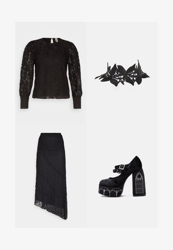 YAS BLOUSE - Blouse - black; ONLY ONLKIM SLIT - Maxirok - black; Zwarte fluwelen plateau Mary Jane-schoen met dubbele gespen en witte borduursels in gotische stijl op hak en zool.; Bluebella Ketting - Black