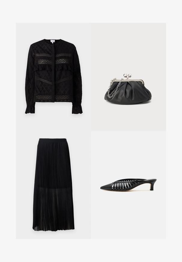 Schwarze Bluse mit rundem Kragen, ausgestattet mit durchsichtigen Spitzenpaneelen, Rüschendetails und strukturierten Mustern. Lange Ärmel mit elastischen Bündchen.; Schwarzer, plissierter Midirock mit einem glatten, elastischen Bund und einer durchsichtigen Überlagerung, die feine vertikale Falten im gesamten Stoff aufweist.; Schwarze Leder-Mule mit spitzer Schuhspitze, Riemchen-Design und niedrigem Kittenheel auf weißem Hintergrund.; Schwarze Leder-Clutch mit geraffter Textur, silberfarbener Metallrahmen, Druckverschluss und Kettenriemen. Glatte, weiche Oberfläche.