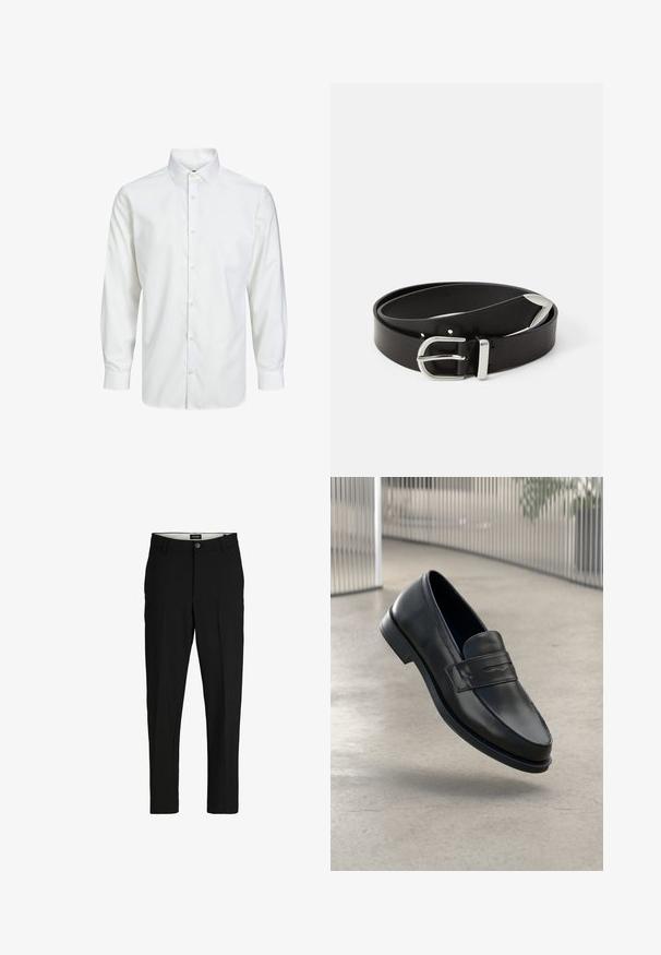Camisa blanca de manga larga con botones, cuello puntiagudo y puños abotonados, mostrada sobre un fondo blanco liso.; Pantalones negros de tela suave, con un diseño ajustado, piernas rectas, dos bolsillos frontales y cierre de un solo botón.; Mocasín de cuero negro con textura suave, punta puntiaguda y una correa decorativa a lo largo del empeine. Suela ligera, diseño minimalista.; Cinturón de piel negra con una hebilla de metal plateado, que presenta un diseño clásico y una textura suave. Incluye agujeros para ajuste.