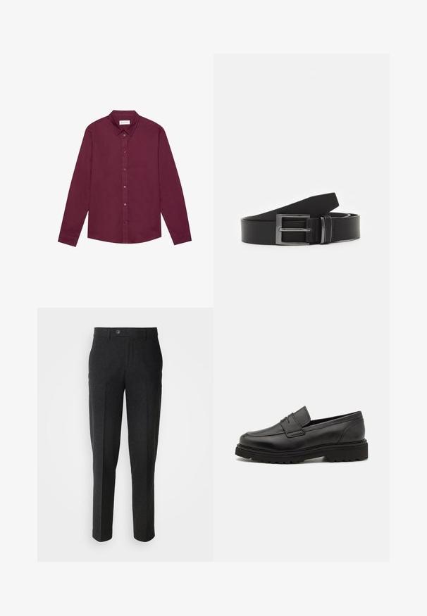 Camisa de manga larga en burdeos oscuro, confeccionada en una mezcla de algodón. Presenta un collar clásico, cierre frontal con botones y un brillo sutil.; Lindbergh Pantalones - black melange; Mocasín de cuero negro con punta redonda, detalles de costura y suela gruesa y texturizada. Presenta un diseño elegante y minimalista.; Cinturón de cuero negro con hebilla rectangular de metal plateado, diseño plano y textura suave. Los extremos se estrechan para facilitar el enhebrado.