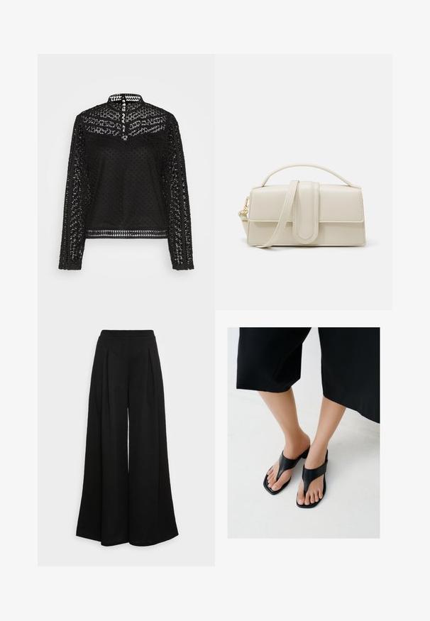 YAS YASALBERTA NEW - Blusa - black; Pantalones negros de pierna ancha hechos de una tela suave, con pliegues frontales y una cintura alta, que garantizan una silueta fluida.; Pies con sandalias de tacón negras de punta cuadrada y tiras anchas, combinadas con pantalones negros cortos sobre un suelo claro.; Bolso de mano de cuero color crema con forma rectangular, asa plana y correa desmontable; presenta un solapa frontal con cierre magnético.