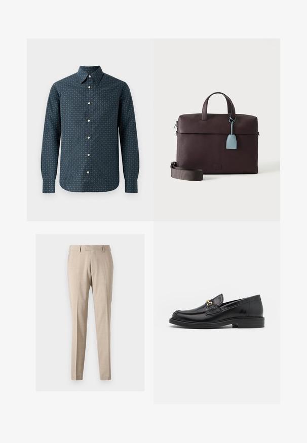 Mørkeblå langærmet skjorte med knapkrave, der har et geometrisk hvidt mønster, frontknaplukning og manchetter med knapper.; Beige tapered bukser lavet af letvægtsstof, med forreste folder, to sidelommer og en glat tekstur.; Sorte læder loafers med en rund tå, der har guld hardware accent og syningsdetaljer, placeret på en lav, tekstureret gummisål.; Mørkebrun lædermappe med top-håndtag, aftagelig skulderrem og lyseblå lædermærkat, der hænger fra et håndtag.