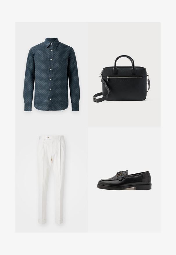 Camisa de manga larga azul marino con cuello abotonado, que presenta un patrón geométrico blanco, cierre frontal con botones y mangas con puños.; Pantalones blancos, ajustados, con un frente plano, dos pliegues y puños enrollados. Hechos de una tela suave con un cierre de botón en la cintura.; Mocasines de cuero negro con punta redonda y un acento decorativo de hebilla. Tacón plano y sólido, con una textura suave en todo el zapato.; Maletín rectangular de cuero negro con textura, con doble asa, bolsillo frontal con cremallera y correa de hombro ajustable, mostrado sobre fondo blanco.