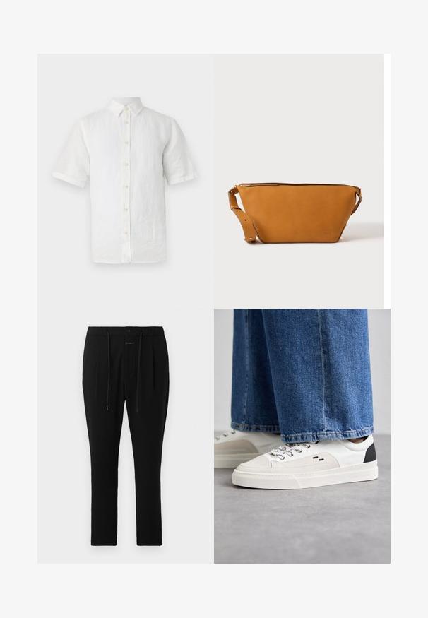 Hvid kortærmet skjorte med knapper, lavet af hør, med klassisk krave, træknapper og en let tekstureret overflade.; CLOSED VIGO TAPERED - Chino - dark night; Hvide og sorte sneakers med en glat læderoverdel, teksturerede detaljer og en kraftig hvid sål. Har et klassisk snørebåndsdesign.; Lys brun læder crossbody taske med justerbar rem og lynlås, vist mod en ensartet lys baggrund.