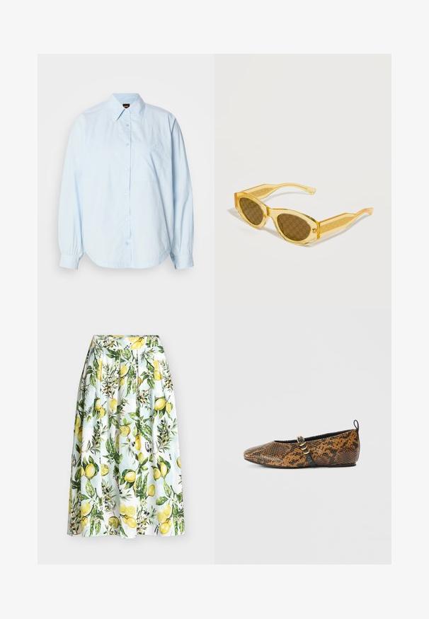 Chemise à manches longues bleu clair en coton. Caractéristiques : un col, un ourlet arrondi et une petite poche poitrine avec un logo brodé.; Jupe blanche plissée avec un motif de citrons jaunes, de feuilles vertes et de petites fleurs blanches, créant un look frais et botanique.; Ballerine en simili motif peau de serpent avec des nuances de brun et de noir. Dotée d'une bride noire et d’un détail en métal doré. Texture lisse.; Lunettes de soleil jaune translucide style œil de chat avec des verres bruns présentant un motif répétitif du logo Gucci sur un fond blanc.