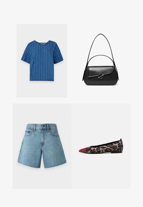 Dunkelbluse aus Denim mit vertikalen weißen Streifen, rundem Ausschnitt, kurzen Ärmeln und Bindegürtel im Rücken. Weiche Textur, lässiges Design.; Jeansshorts in hellblau, mit hohem Bund, fünf Taschen und rohem Saum. Hergestellt aus strukturiertem Baumwollstoff mit klassischem Design.; Kennel + Schmenger GRETA - Klassischer Ballerina - rosso/camel; Schwarze Lederschultertasche mit einer geschwungenen Klappe, die durch einen runden Metallverschluss gesichert ist, und einem schlanken, verstellbaren Riemen.