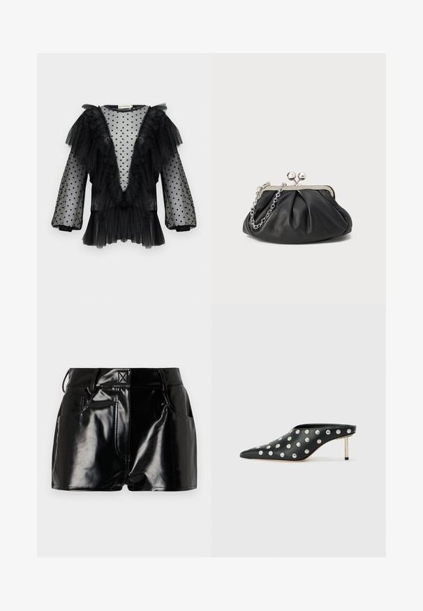 Black tulle blouse with polka dots, ruffled sleeves, deep V-neck, layered texture, and frill detailing along the neckline and hem.; Black, glossy shorts made of synthetic material. Features a fitted waist, belt loops, and front pockets with prominent stitching details.; STAND STUDIO KELSEY - Heeled mules - black; Black leather clutch with gathered texture, silver-tone metal frame, kiss-lock closure, and chain strap. Smooth, soft surface.