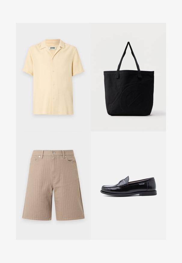 Chemise à manches courtes avec boutons de couleur beige clair, dotée d'un design texturé en tissage. Elle présente un col à cran et un ourlet droit.; Shorts beiges en tissu texturé avec des rayures verticales, une ceinture avec un bouton avant et des poches latérales.; Mocassins en cuir noir avec une finition brillante, présentant un motif cousu sur l'avant-pied et une semelle en caoutchouc noire texturée et basse.; Sac fourre-tout en toile noire avec deux bandoulières et un motif circulaire discret en relief sur le devant.