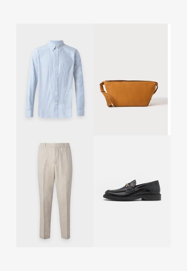 Chemise bleu clair à boutons, avec des rayures verticales blanches, manches longues et une poche poitrine. Présente un petit logo sur la partie inférieure.; Pantalons en lin beige clair avec une coupe décontractée, dotés d'une taille à cordon, de jambes fuselées et d'une texture subtile sur l'ensemble du tissu.; Mocassins en cuir noir avec un embout rond, présentant des accents en métal doré et des détails de couture, montés sur une semelle en caoutchouc texturé et basse.; Sac bandoulière en cuir marron clair avec sangle réglable et fermeture éclair, présenté sur un fond clair uni.