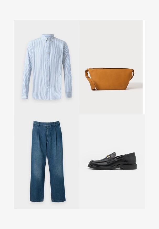 Chemise bleu clair à boutons, avec des rayures verticales blanches, manches longues et une poche poitrine. Présente un petit logo sur la partie inférieure.; Pantalons en denim bleu avec un design à jambes droites, dotés d'une taille haute, de plis à l'avant et d'une fermeture à bouton classique. Texture lisse.; Mocassins en cuir noir avec un embout rond, présentant des accents en métal doré et des détails de couture, montés sur une semelle en caoutchouc texturé et basse.; Sac bandoulière en cuir marron clair avec sangle réglable et fermeture éclair, présenté sur un fond clair uni.