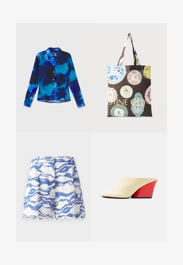 Ahluwalia KORO FITTED - Nööpidega pluus - blue; Valged lühikesed püksid sinise laine mustriga, laineline alläär, kerge kangas, volditud esiosa ja mugav lõike. Sobivad igapäevaseks kandmiseks.; Kreemivärvi mulesaabas terava varba ja jämeda, läikiva punase kiilkontsaga valgel taustal.; Pruun õlakott, millel on värvikad retro taldriku kujundused ja osaliselt kollase paksus kirjas tekst, kahekihiliste kangast käepidemetega.