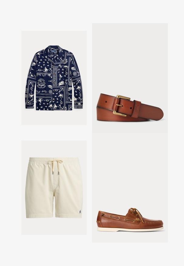 Navyblaues Hemd mit Knopfleiste und weißen nautischen Motiven, darunter Segelboote, Anker, Steuerräder und Seile, mit einem Logopatch auf der Brust.; Beige Cord-Shorts mit elastischem Bund und Kordelzug, mit kleinem dunkel besticktem Logo am unteren linken Bein.; Brauner Leder-Bootsschuh mit weißer Sohle, oben geschnürte Schnürsenkel und Metallösen entlang der Seiten und der vorderen Naht.; Leder-Gürtel in einem satten Braun mit glatter Textur. Verfügt über eine goldfarbene Metallschnalle und ein geprägtes Logodesign. Mehrere Größenlöcher vorhanden.