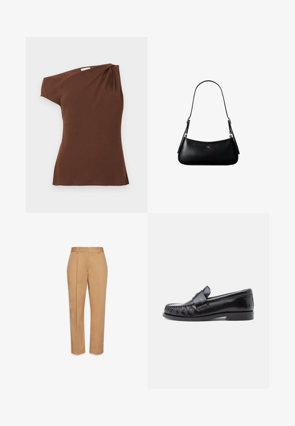 Top brun à une épaule en tissu doux. Présente un détail drapé sur l'épaule et un ourlet courbé en bas.; Pantalon beige à jambes droites avec passants de ceinture, taille haute et plis avant marqués, présenté sur un fond blanc.; Mocassins en cuir noir avec un bout arrondi, une couture distinctive et une bride décorative sur le cou-de-pied. Finition lisse et talon bas.; Mini sac à bandoulière en cuir noir avec une fine bandoulière et un petit logo CK doré au centre avant.