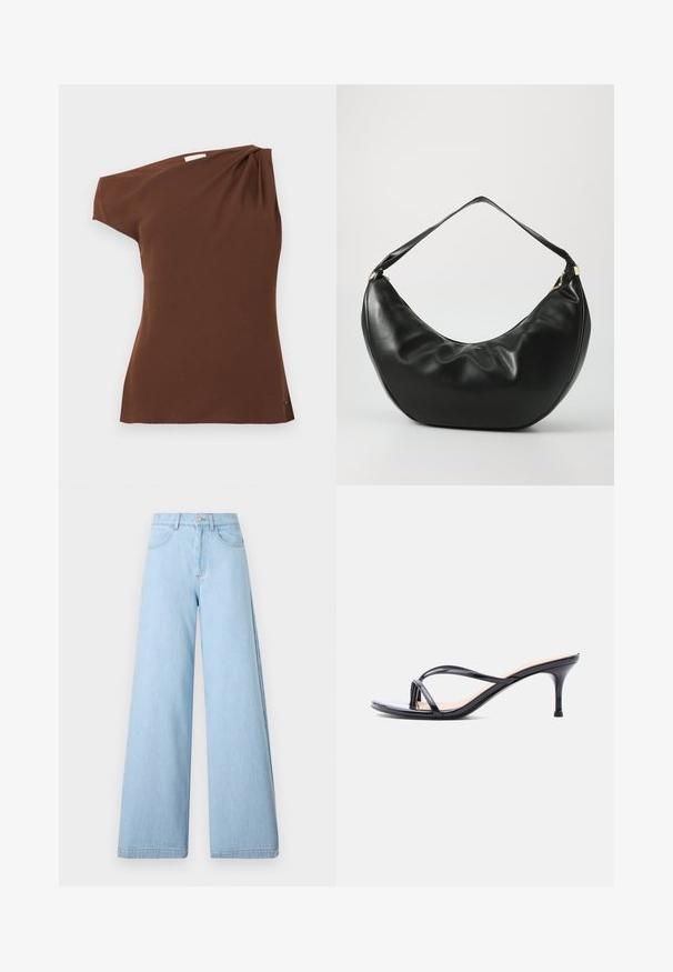 Bruine top met één schouder, gemaakt van zachte stof. Heeft een gedrapeerd detail op de schouder en een gebogen zoom aan de onderkant.; Lichtblauwe wijd gewaide jeans van denim, met een hoge taille, voorzakken en schone zomen met minimale stikdetails.; Zwarte laklederen sandaal met hakken, dunne gekruiste bandjes en een slanke, middelhoog stilettohak op een witte achtergrond.; Zwarte leren schoudertas met een gebogen vorm, zachte textuur en een enkele schouderband; beschikt over een gouden rits en subtiele branding.